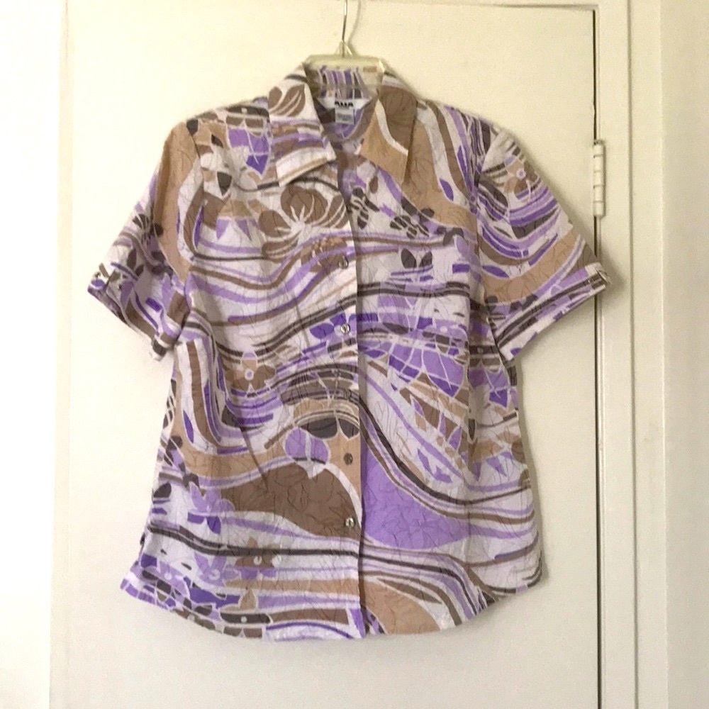 Alia purple, khaki & white print short-sleeve camp shirt